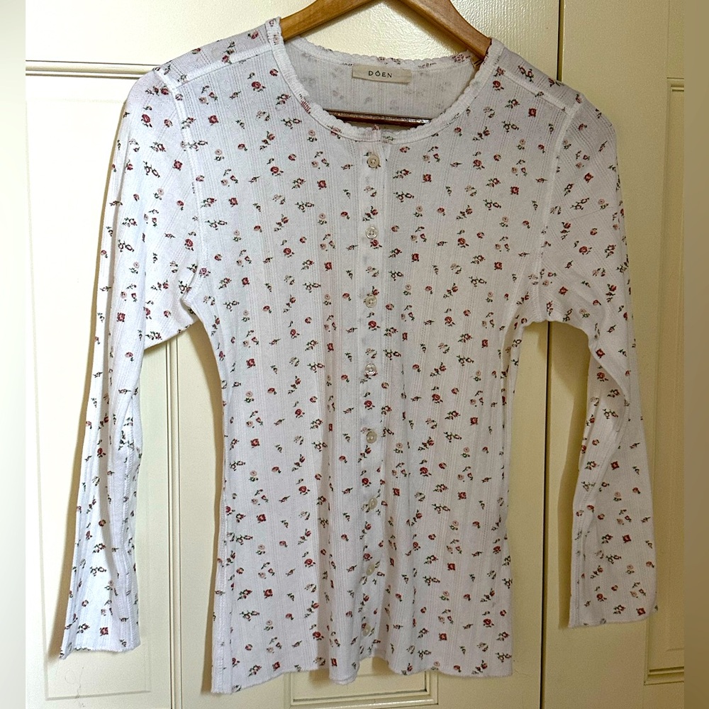 Dôen cotton cardigan - flower print with pointelle detail